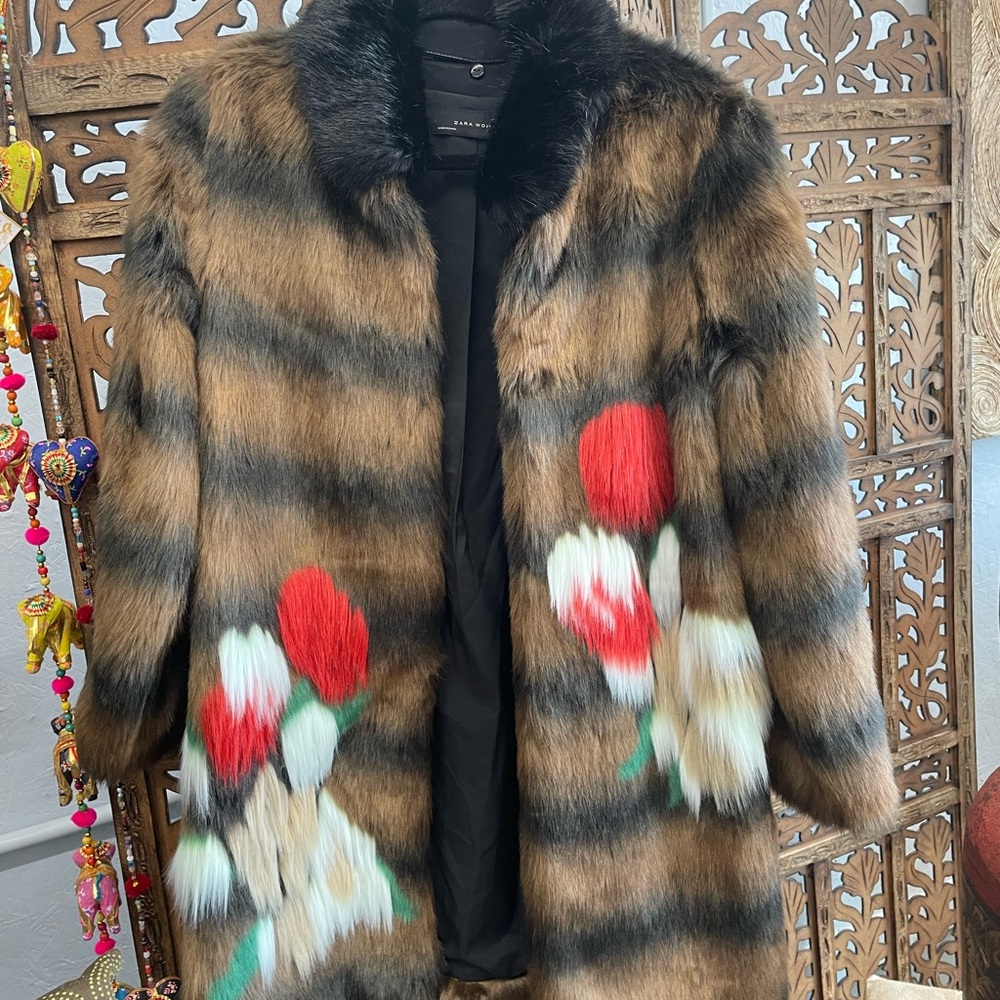 Zara Brown and Black Striped Teddy Jacket with Floral Accents